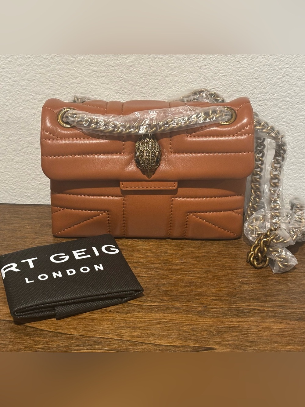 Kurt Geiger Cognac Quilted Leather Crossbody Bag with Gold Tone Clasp
